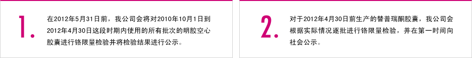 1.在2012年5月31日前，我公司會將對2010年10月1日到2012年4月30日這段時期內(nèi)使用的所有批次的明膠空心膠囊進行鉻限量檢驗并將檢驗結(jié)果進行公示。 2.對于2012年4月30日前生產(chǎn)的替普瑞酮膠囊，我公司會根據(jù)實際情況逐批進行鉻限量檢驗，并在第一時間向社會公示。